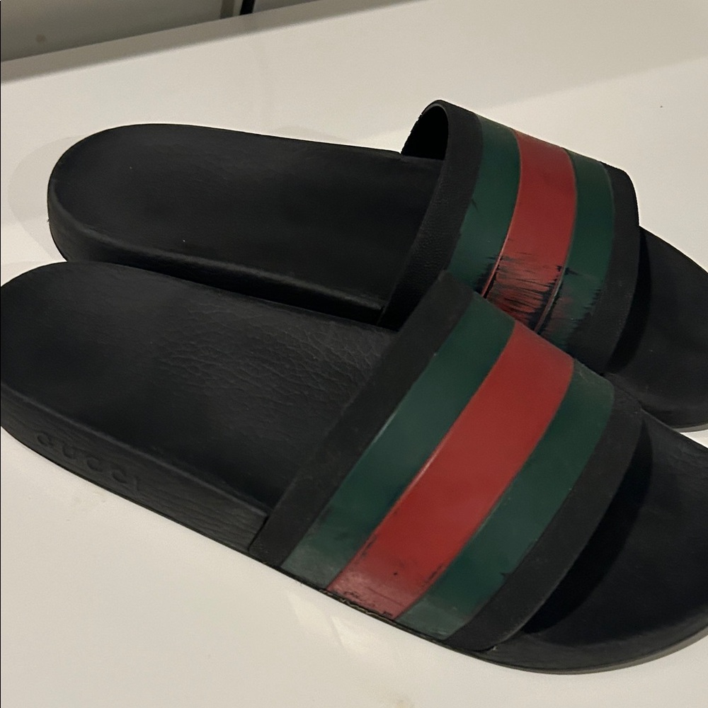 Gucci Black Slides with Green and Red Accents
